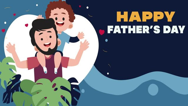 A little boy sits on his daddy's shoulders. Animated card congratulations on father's day