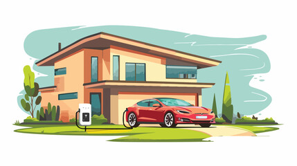 Obraz na płótnie Canvas Modern house and electric car on charging 