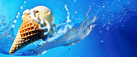 Waffle cone banner with ice cream cone and splash in blue water with space for text. Freshness, cooling, thirst quenching in the hot summer time. Vanilla, banana, cream, lemon ice cream