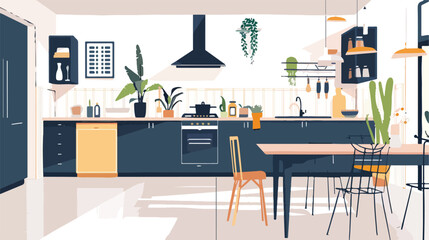 Modern kitchen interior and dining room. Vector flat