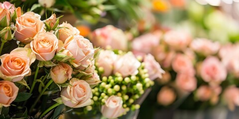 A vibrant close-up of delicate pale pink roses arranged in a bouquet.