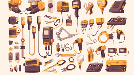 Electrician tools instruments flat icons set. 2d fl