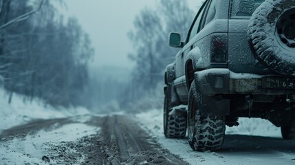 A snow-covered 4x4 vehicle navigates a desolate winter road, illustrating rugged travel under harsh weather conditions. - obrazy, fototapety, plakaty