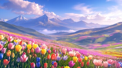 Fantastic field with tulips Ukrainian mountain farmer from the famous Dutch and European varieties of tulips incredible and attracts tourists. Beautiful mountains on rasvete with fog after rain. - obrazy, fototapety, plakaty