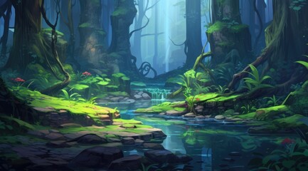 Tranquil rainforest stream with sunlight filtering through lush foliage