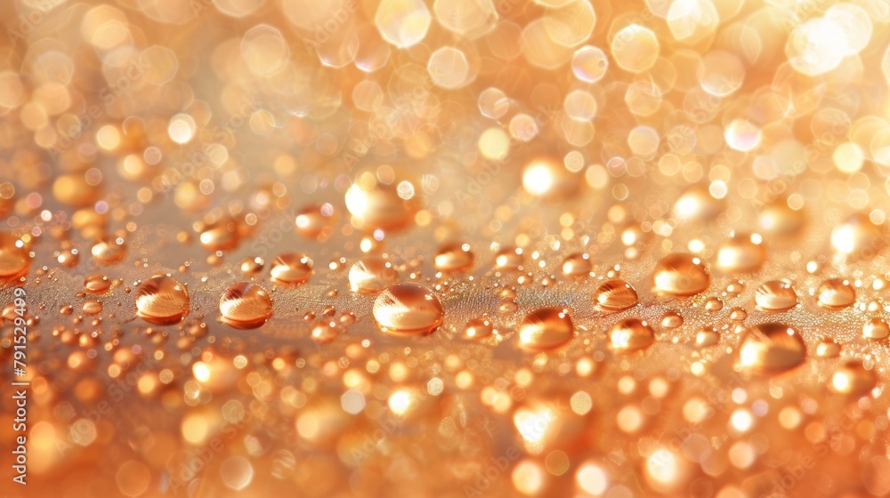 Poster close-up of sparkling water droplets on a warm orange background with bokeh effect.