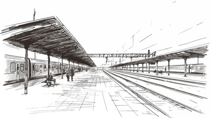 Monochrome sketch top view of railway station platfor