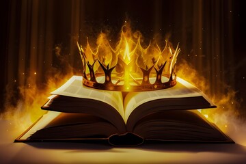 Mystical open book with a flaming crown atop, symbolizing knowledge, power, and enlightenment in fantasy literature.