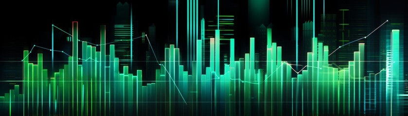 A dynamic graphic of the stock market with bold green lines intersecting over a dark background, representing strategic movements and stable growth in investments