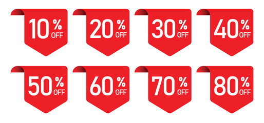 discount sticker product red tag set. shopping discount label badge with 10, 20, 30, 40, 50, 60, 70, 80 percent off. vector symbol on transparent background.