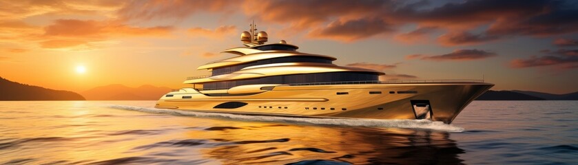 A deep gold luxury yacht sailing into the sunset, symbolizing the pinnacle of affluent leisure and the opulent lifestyle that significant wealth can maintain - obrazy, fototapety, plakaty