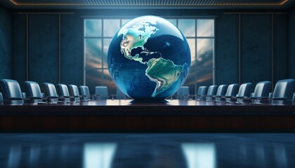 A corporate boardroom scene with a deep blue globe centerpiece, where executives plan strategic moves in the global trade market, emphasizing the scale and impact of their decisions