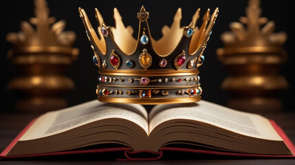 Luxurious crown adorned book with gemstones, symbolizing wealth, knowledge, and royalty in fantasy literature