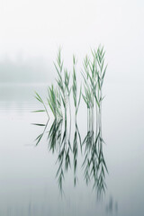 The gentle sway of reeds growing by the edge of a tranquil pond, their reflections shimmering in the still water. - obrazy, fototapety, plakaty
