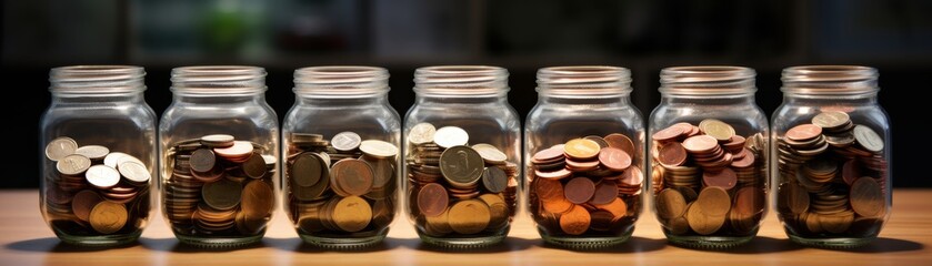 A childs savings jar filled with mixed hue coins collected from different countries, illustrating lessons in the value and variety of money from an early age - obrazy, fototapety, plakaty