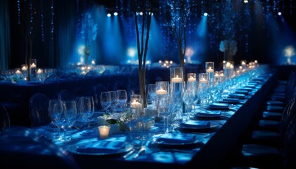 A charity gala event with elegant soft blue lighting and table settings, creating a soothing atmosphere that encourages generous donations - obrazy, fototapety, plakaty