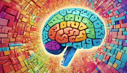 Illustration banner design of human profile made of colorful puzzle pieces. Knowledge and logic concept. Header with connecting jigsaw puzzle pieces with copy space