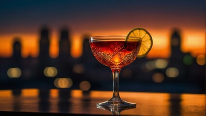 A captivating image of a stemmed cocktail glass adorned with a lime slice against a vivid sunset skyline forming a striking silhouette