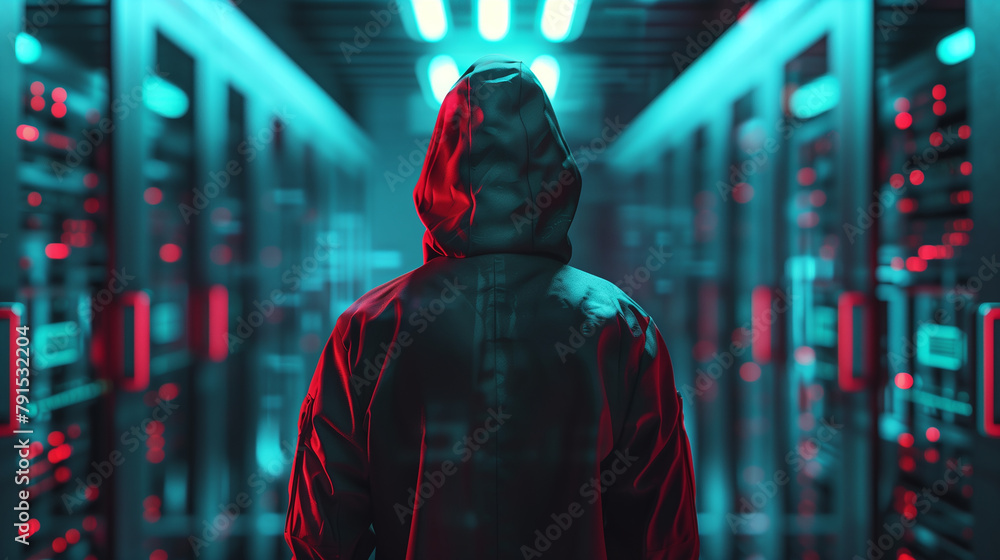 Poster a man in a hoodie is standing in a room full of computer monitors. the room is dimly lit and the man