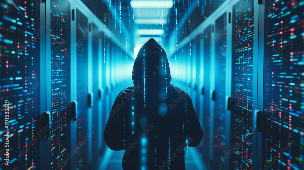 Poster a man in a hoodie is standing in a room full of computer monitors. the room is dimly lit and the man
