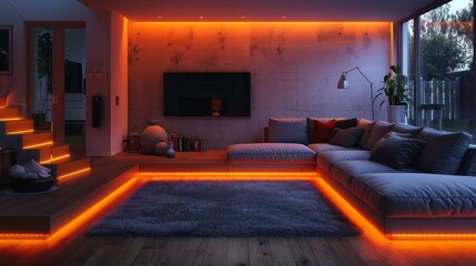 An inviting basement lounge illuminated by colorful LED strips, adorned with a comfortable sectional sofa and a large-screen TV for