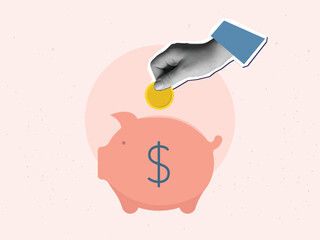 Hand puts a coin in a piggy bank. Vector illustration in a modern collage style