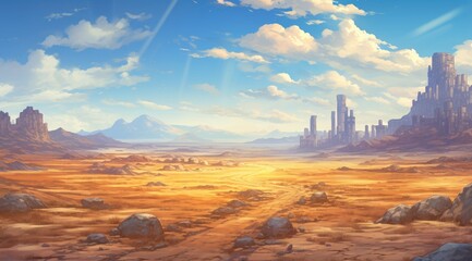Expansive desert vista with ancient ruins and rock formations under a vast blue sky