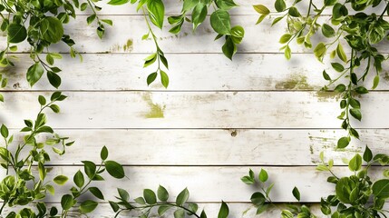 Fresh Green Leaves Draping Over A White Wooden Background For Natural Decor