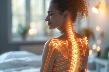 Female back pain with a dedicated spine. A woman has back health problems. - Powered by Adobe