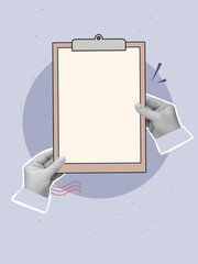 Hands holds a blank clipboard. Vector illustration in a modern collage style