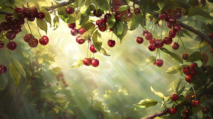 A sunny orchard landscape with branches heavy with clusters of plump cherries, their glossy skins reflecting the warm sunlight filtering through the canopy of verdant leaves overhead. - obrazy, fototapety, plakaty