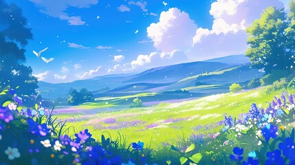 panoramic spring landscape with flowering flowers in the meadow. white chamomile and purple bluebells blooming in the field.