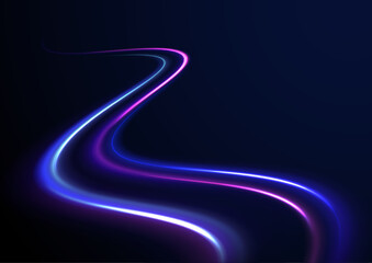 Abstract background in blue and purple neon glow colors. Vector blue glowing lines air flow effect. City road car light trails motion background. 