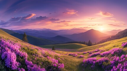 Panoramic view in lawn with pink rhododendron flowers, beautiful sunset with orange sky in summer time. Mountains landscapes. Location Carpathian,  Colorful background. 