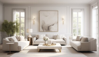 Fototapeta na wymiar An elegant scene of a minimalist living room in soft silver tones, featuring sleek furniture and sophisticated decor, ideal for a luxury lifestyle magazine