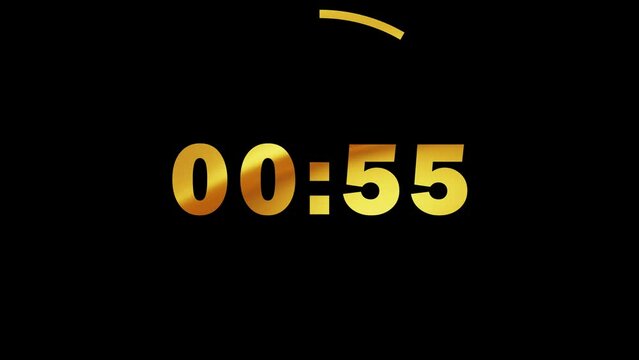 Golden 60-Seconds Countdown on Black Background.  I-Minute. Timer from 60 to 0 Seconds in Ultra HD 4K Video Animation.