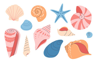 Sea shell cartoon set. Ocean exotic underwater seashell conch aquatic mollusk, sea spiral snail collection. Tropical beach shells. Modern flat style isolated on white background. Vector illustration
