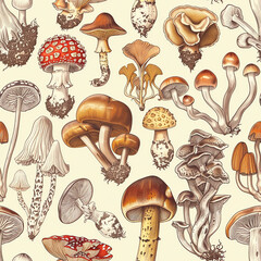 A drawing of various mushrooms in different sizes and colors