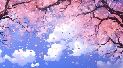Cherry blossom branches form a delicate canopy against a clear blue sky