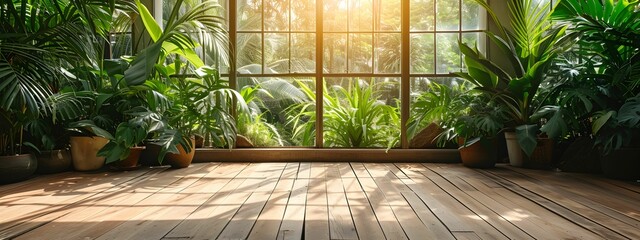 An empty wooden walkway floor in tropical botanical green plant garden, editable graphic - Powered by Adobe