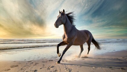 a beautiful full length horse running on the beach at dawn