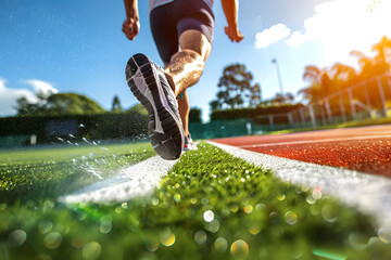 A man runs in a stadium. A runner in a stadium goes a long way.