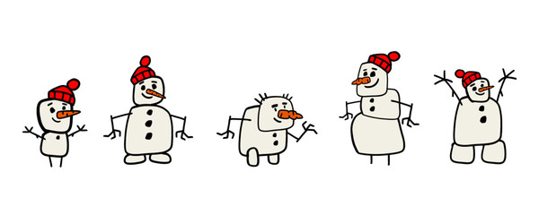 cute and funny snowman character collection. Cartoon hand drawn vector illustration isolated on white.