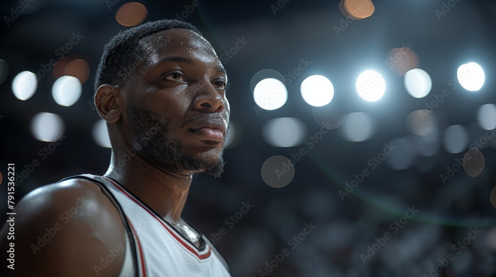 Poster generate an image of a basketball player sinking a three-point shot during a basketball game.