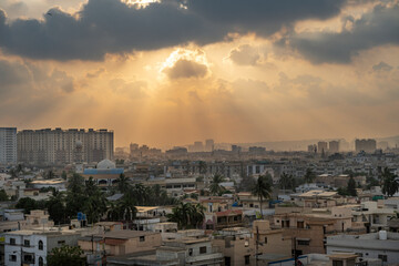 Fototapeta na wymiar Aerial Sunset view of Karachi City. Karachi. Building and landmark