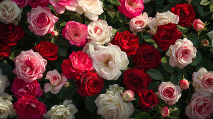 A cluster of fragrant roses in various shades of pink, red, and white, their velvety petals unfurling in the summer sun and filling the air with their sweet and intoxicating scent - obrazy, fototapety, plakaty
