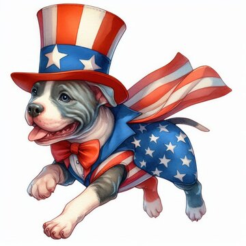 Pittbulls Dog Patriotic with American Flag. Watercolor 4th July Memorial Day Clip Art. Celebration USA (United State) Independence Day Art Cute Cartoon Character