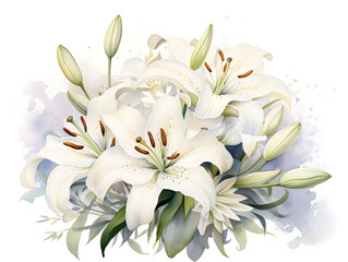 Illustration bouquet of white lilies flowers on white background 