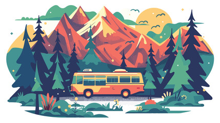Passenger bus. Summer landscape with forest mountains