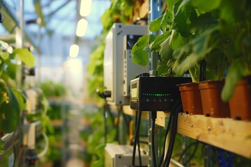 A farm with automated climate control systems in greenhouses, maintaining ideal temperature and humidity levels for plant growth.
